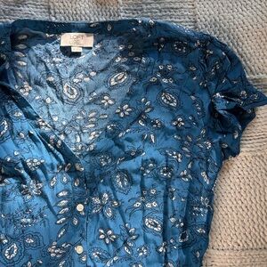 Loft Blue White Floral Paisley Belted Short Sleeve Maxi Dress with Buttons